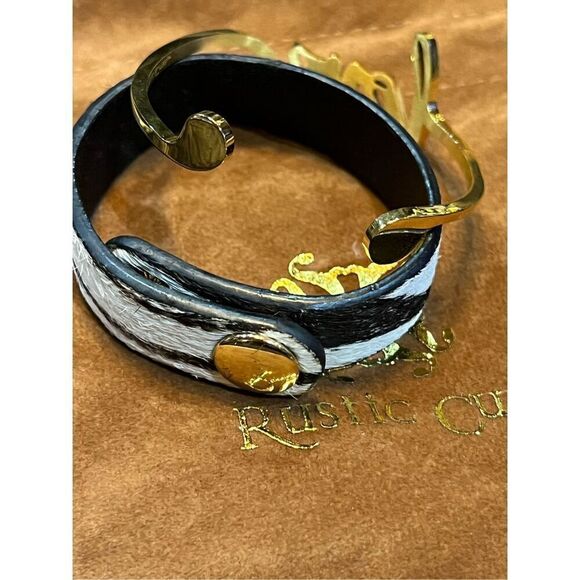 Rustic Cuff Set of Two Bracelets Gold Cuff Love and Cowhide Zebra Print - Picture 4 of 4